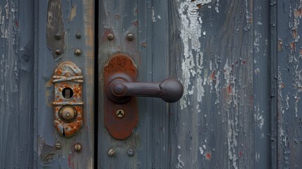 Old wooden door with rusty doorknob and peeling paint - obrazy, fototapety, plakaty