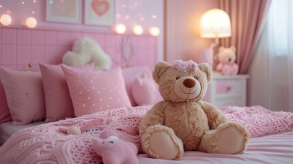 Soft and snug pink children's room with a large teddy bear and glowing heart lights