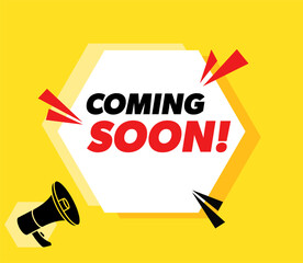 Coming soon - vector advertising banner with megaphone.