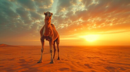 Silhouette of a Camel Against the Sunset Sky, generative ai