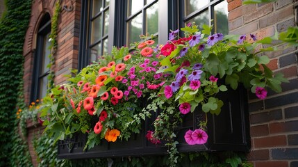 A close-up of the charming window boxes adorning a craftsman townhouse, overflowing with vibrant flowers and trailing vines against a backdrop of warm brick.