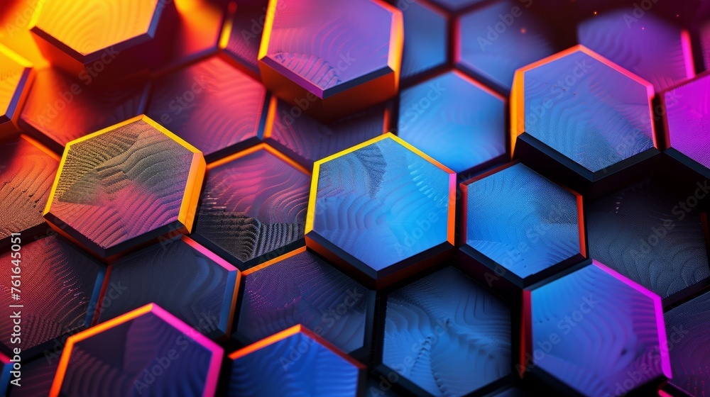 Poster vibrant hexagons interlocking in a seamless pattern, evoking the idea of interconnected systems and 