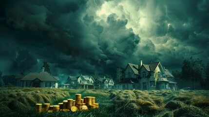 Stormy sky above a serene landscape of houses and coin stacks, depicting the ups and downs of real estate markets - obrazy, fototapety, plakaty