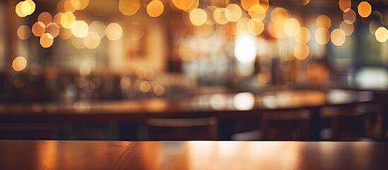 A hardwood table sits in a city building, with a blurred background of a bar event. The wood flooring and heat create a cozy atmosphere in the room - obrazy, fototapety, plakaty