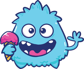 Cute blue monster holding a pink color strawberry ice cream flavor