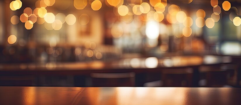A hardwood table sits in a city building, with a blurred background of a bar event. The wood flooring and heat create a cozy atmosphere in the room