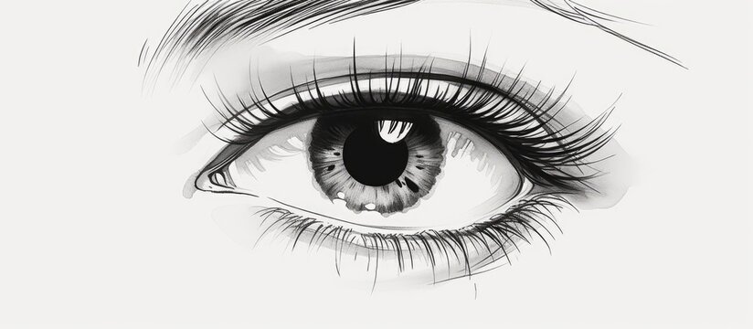 A monochrome drawing of a womans eye with long eyelashes, featuring an electric blue iris. This artwork showcases the beauty of the human body through detailed monochrome photography