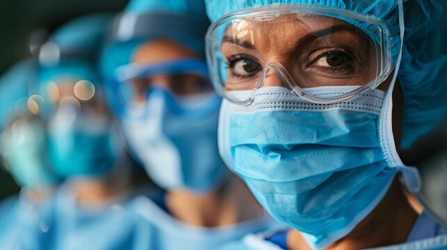 Team of surgeons in masks and protective gear, focused before performing a critical operation
