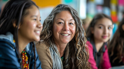 Obraz premium Learning is age-neutral: adults in a school classroom. 