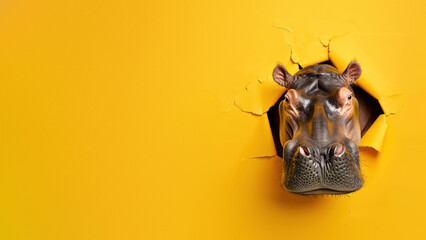 Engaging image of a 3D Hippo busting through torn yellow paper, ideal for creative messaging or advertisements