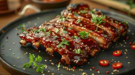 A gourmet meal: flavorful ribs with sauce. 