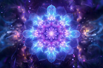 Intricate fractal lotus mandala with vibrant blue and purple hues against a celestial backdrop