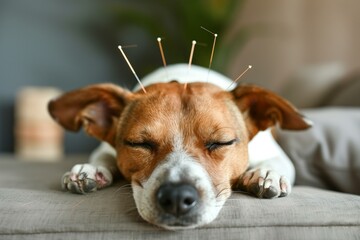 Dog Laying on Couch With acupuncture needles in head. - obrazy, fototapety, plakaty