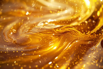 Lustrous golden fluid background with a viscous honey-like texture and sparkling highlights. - obrazy, fototapety, plakaty