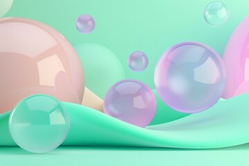 Cluster of Bubbles Floating on Mint Green Surface