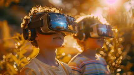 Communicating through technology: children and virtual reality on the street.  - obrazy, fototapety, plakaty