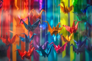 Group of Rainbow Origami Birds Hanging From Strings