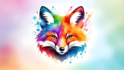 A watercolor painting of a fox face, with a powerful and colorful design