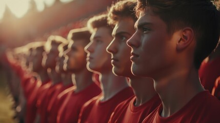 Group of soccer players in red sportwear standing in line at the stadium with serious faces. The concept of football