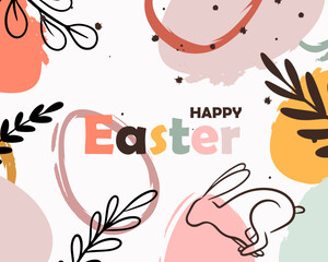 Happy Easter banner. Greeting card, poster, holiday cover. Trendy Easter design eggs and bunny in pastel colors. Modern minimal style. Vector illustration EPS10