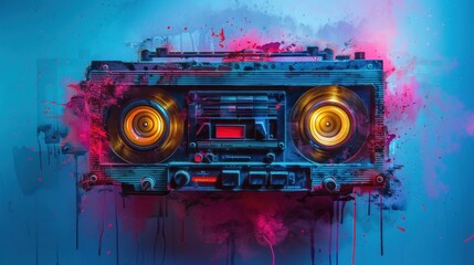 Poster. Contemporary art collage. Modern creative artwork. Vintage audio tape recorder in mixed neon light isolated blue background. Image in old paper style. Concept of youth culture, technology. - obrazy, fototapety, plakaty