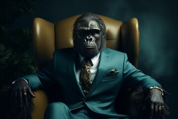 Gorilla in a Suit Sitting in Chair - obrazy, fototapety, plakaty
