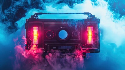 Poster. Contemporary art collage. Modern creative artwork. Vintage audio tape recorder in mixed neon light isolated blue background. Image in old paper style. Concept of youth culture, technology. - obrazy, fototapety, plakaty
