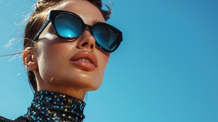 Fashionable confident woman wearing trendy black sunglasses, sequin turtleneck top, posing outdoor, against blue sky. Close up fashion portrait. Copy, empty space for text