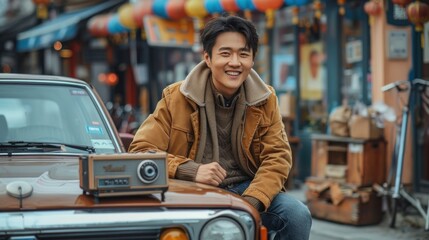 A cheerful Asian man is sitting on the hood of a vintage car outdoors and listening to music on an boombox.