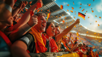 Football fans of Germany cheering for their favorite team during the match at the stadium. Concept of 2024 UEFA European Football Championship - obrazy, fototapety, plakaty