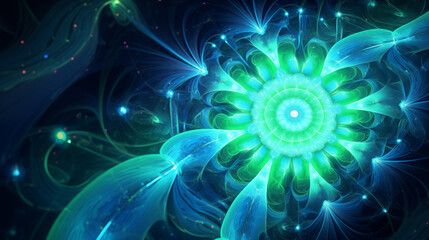Luminous Blue and Green Fractal Flower in Abstract Design