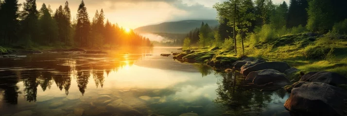 Gartenposter Tranquil scene of a panoramic landscape with sunset and sky over idyllic lake and river with reflection © Wolfilser