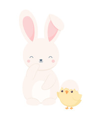 Cute laughing bunny and chick with eggshell on his head, isolated on white background. Flat vector illustration