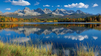 Vibrant early autumn high tatra lake  majestic mountain views and serene forest reflections - obrazy, fototapety, plakaty