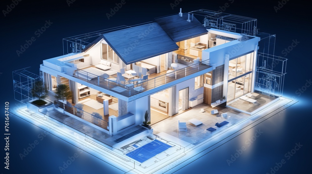 Poster vision of architecture of a 3d model house project with blueprint