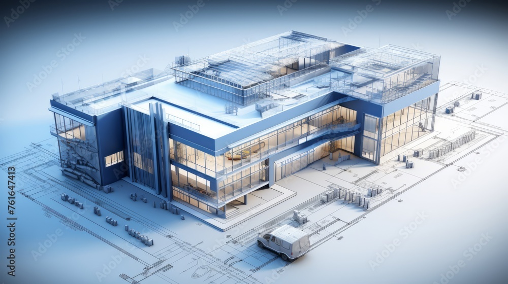 Poster vision of architecture of a 3d model house project with blueprint