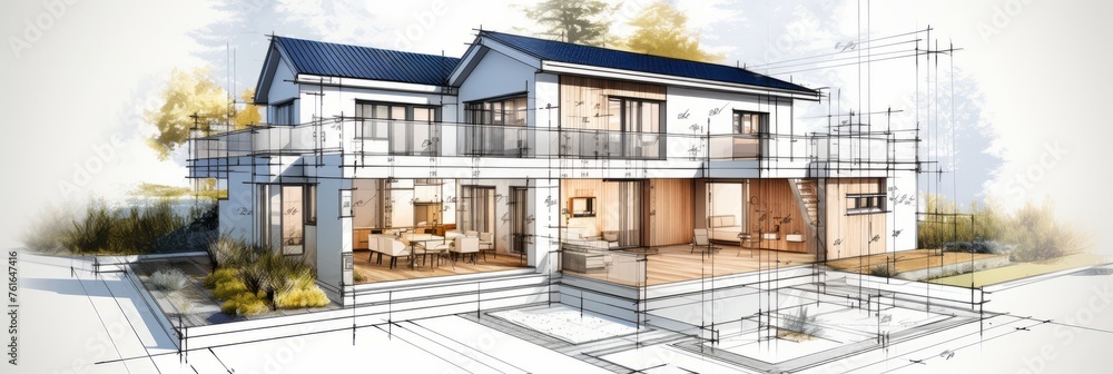 Poster vision of architecture of a 3d model house project with blueprint