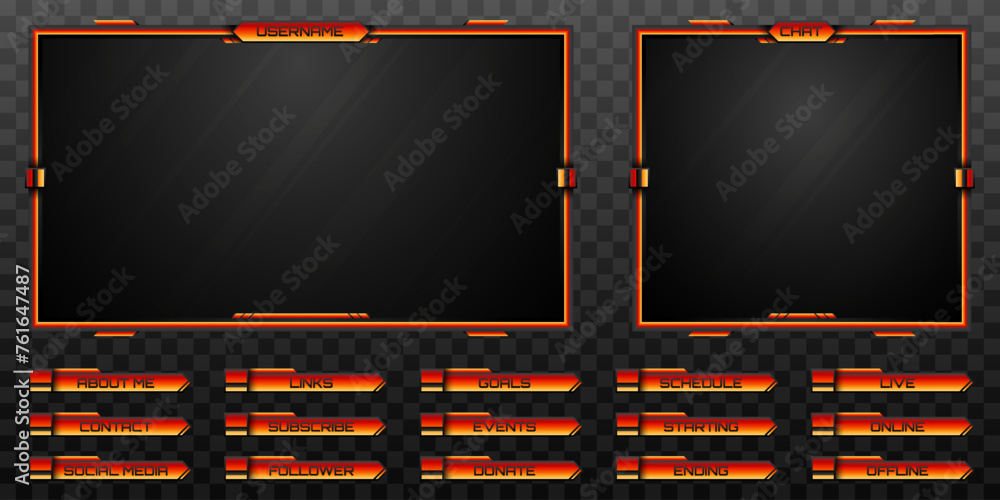 Poster futuristic black and orange color stream overlay webcam frame and stream alert screen gui panels for
