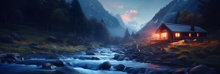 Foto auf Alu-Dibond Old romantic illuminated wooden cabin in the mountains by a wild stream torrent at dusk © Wolfilser