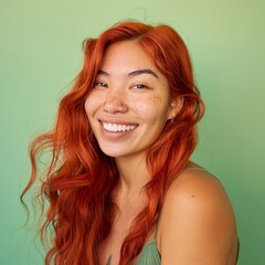 Fototapeta premium Experience the radiance of a 20-year-old Latina model with vibrant red hair in a skincare portrait. The soft backdrop, luminous filter effect, and cinematic clarity elevate the image's allure.