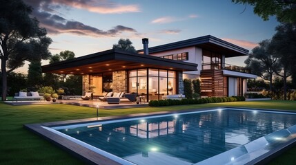 Fototapeta premium modern residential building with lighting and swimming pool in garden in the evening
