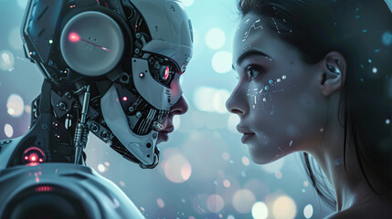A humanoid robot and a woman stand face to face, their gazes meeting with curiosity and intrigue. The intersection of technology and humanity. Generative AI.