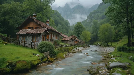 Fotobehang Rustic Charm of a Mountain Village in the Caucasus, generative ai © Matus