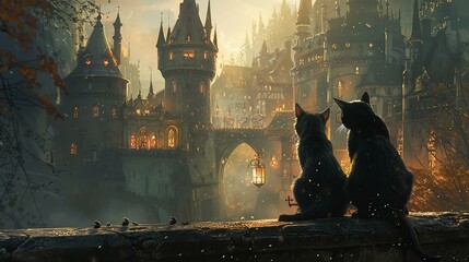 An enchanted castle where cats are the guardians of powerful artifacts - obrazy, fototapety, plakaty