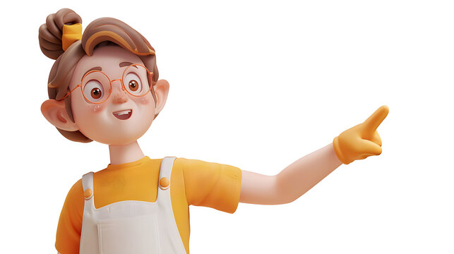 Portrait of cute kawaii positive excited smiling active chef girl in fashion casual clothes overalls, orange t-shirt shows empty copy space on open hand palm for text. 3d render isolated transparent.