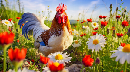 Cute, beautiful rooster in a field with flowers in nature, in the sun's rays. - obrazy, fototapety, plakaty