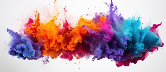 A vibrant display of purple, violet, magenta, and electric blue smoke swirling out of a bottle against a white background. A stunning art event capturing natures colorful patterns