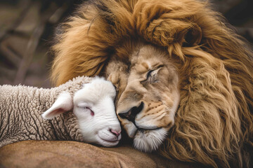 The tender moment between a lion and a lamb lying together.