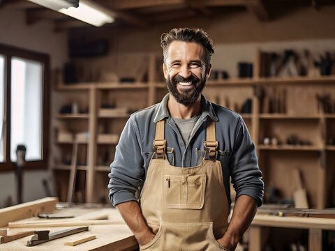 Portrait of a smiling carpenter staining wood with oil stain in his big workshop. Hard-working worker doing his job in a wood shop