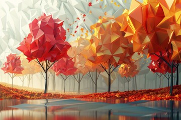 A surreal 3D geometric forest, with trees of abstract shapes and a palette of autumn colors
